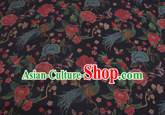 Chinese Black Silk Drapery Traditional Cheongsam Cloth Classical Peacock Peony Pattern Satin Fabric Chinese Black Silk Drapery Traditional Cheongsam Cloth Classical Peacock Peony Pattern Satin Fabric
