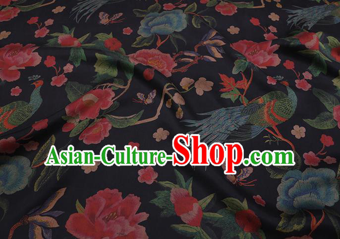 Chinese Black Silk Drapery Traditional Cheongsam Cloth Classical Peacock Peony Pattern Satin Fabric Chinese Black Silk Drapery Traditional Cheongsam Cloth Classical Peacock Peony Pattern Satin Fabric