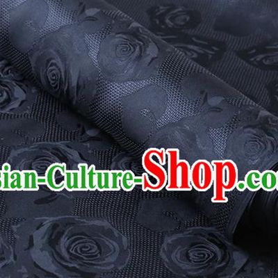 Chinese Classical Hollowed Rose Pattern Damask Cheongsam Silk Drapery Traditional Dark Navy Jacquard Cloth Fabric