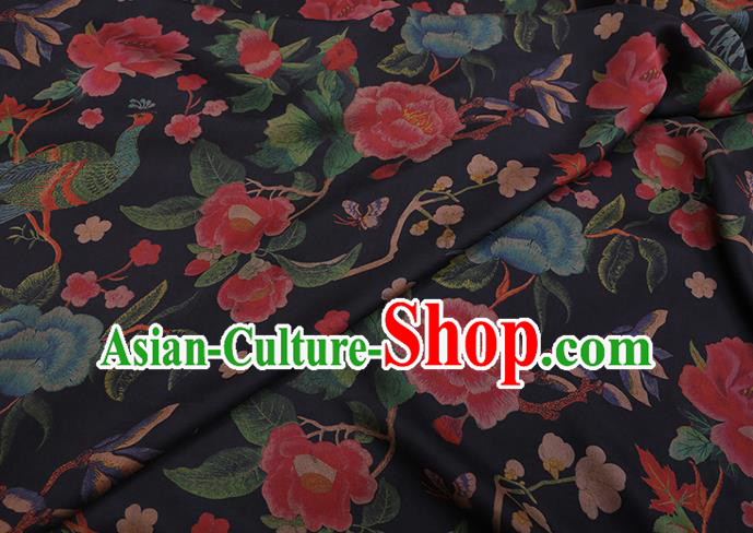 Chinese Black Silk Drapery Traditional Cheongsam Cloth Classical Peacock Peony Pattern Satin Fabric Chinese Black Silk Drapery Traditional Cheongsam Cloth Classical Peacock Peony Pattern Satin Fabric
