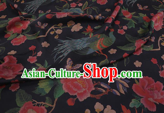 Chinese Black Silk Drapery Traditional Cheongsam Cloth Classical Peacock Peony Pattern Satin Fabric Chinese Black Silk Drapery Traditional Cheongsam Cloth Classical Peacock Peony Pattern Satin Fabric