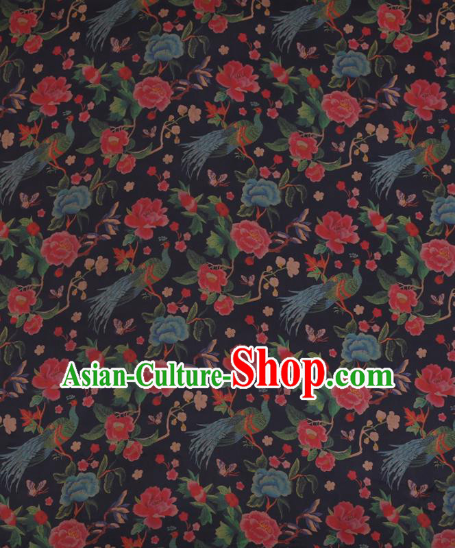 Chinese Black Silk Drapery Traditional Cheongsam Cloth Classical Peacock Peony Pattern Satin Fabric Chinese Black Silk Drapery Traditional Cheongsam Cloth Classical Peacock Peony Pattern Satin Fabric