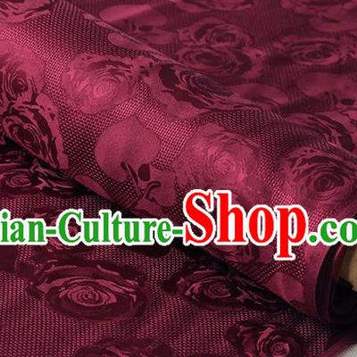 Chinese Traditional Jacquard Cloth Fabric Dark Red Damask Cheongsam Classical Hollowed Rose Pattern Silk Drapery
