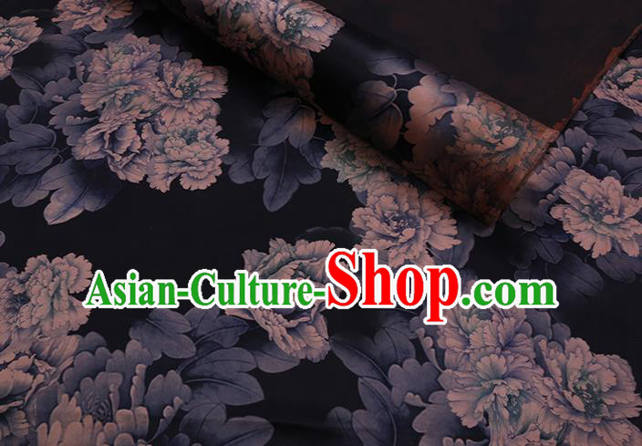 Chinese Classical Peony Pattern Black Watered Gauze Traditional Gambiered Guangdong Silk Cheongsam Fabric Chinese Classical Peony Pattern Black Watered Gauze Traditional Gambiered Guangdong Silk Cheongsam Fabric