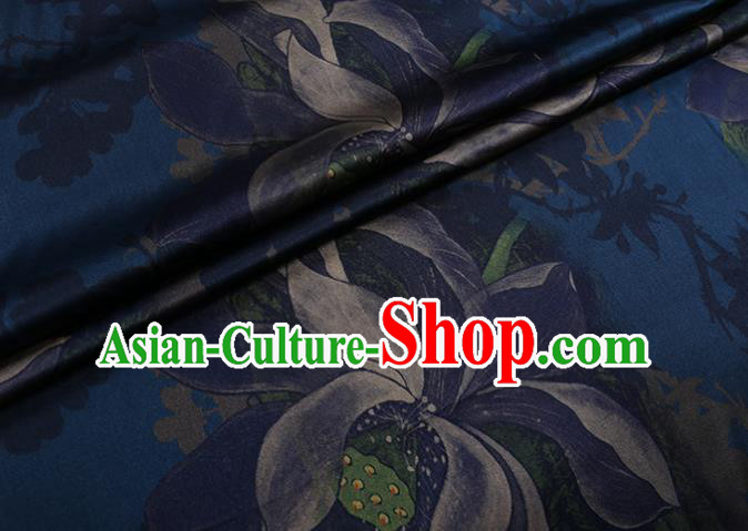 Chinese Traditional Cheongsam Cloth Navy Weave Satin Fabric Classical Lotus Pattern Silk Drapery Chinese Traditional Cheongsam Cloth Navy Weave Satin Fabric Classical Lotus Pattern Silk Drapery