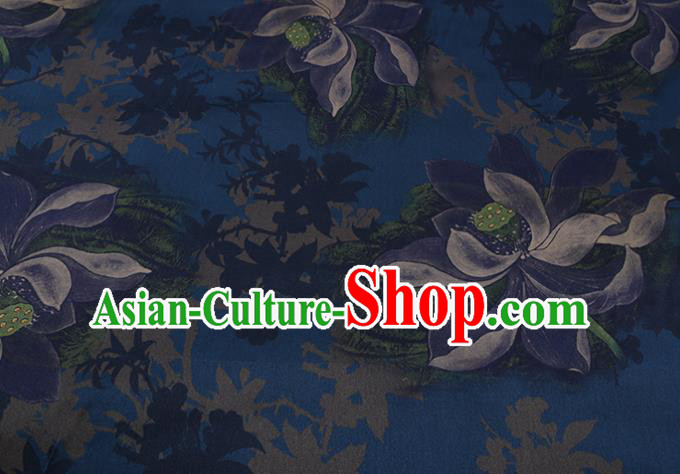 Chinese Traditional Cheongsam Cloth Navy Weave Satin Fabric Classical Lotus Pattern Silk Drapery Chinese Traditional Cheongsam Cloth Navy Weave Satin Fabric Classical Lotus Pattern Silk Drapery
