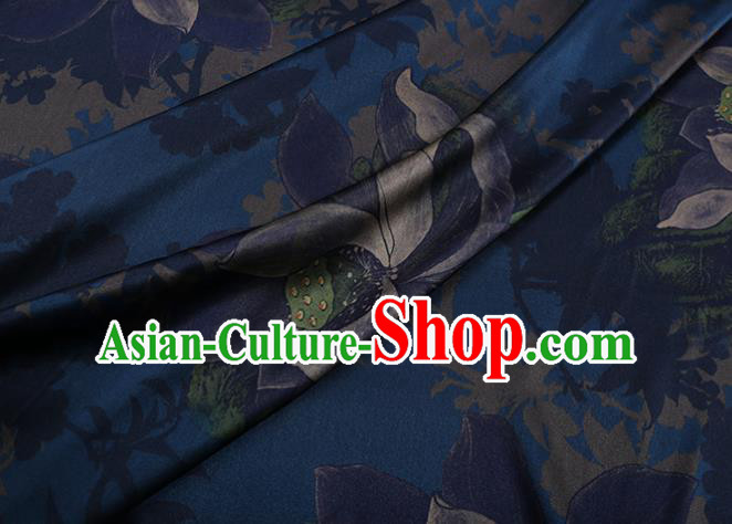 Chinese Traditional Cheongsam Cloth Navy Weave Satin Fabric Classical Lotus Pattern Silk Drapery Chinese Traditional Cheongsam Cloth Navy Weave Satin Fabric Classical Lotus Pattern Silk Drapery