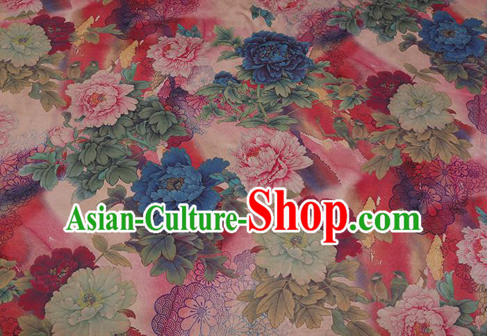 Chinese Cheongsam Pink Satin Fabric Traditional Gambiered Guangdong Silk Classical Peony Pattern Watered Gauze