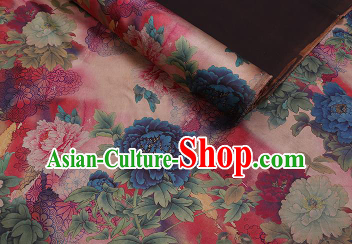 Chinese Cheongsam Pink Satin Fabric Traditional Gambiered Guangdong Silk Classical Peony Pattern Watered Gauze