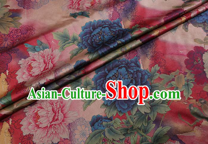 Chinese Cheongsam Pink Satin Fabric Traditional Gambiered Guangdong Silk Classical Peony Pattern Watered Gauze