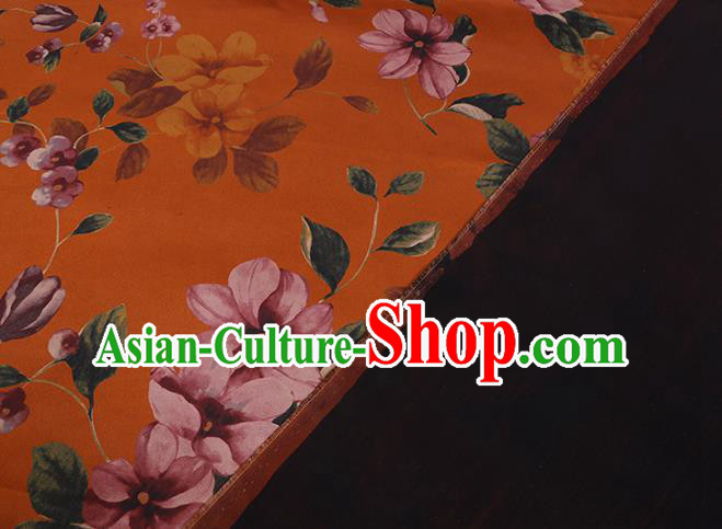 Chinese Traditional Gambiered Guangdong Silk Classical Flowers Pattern Watered Gauze Cheongsam Orange Satin Fabric