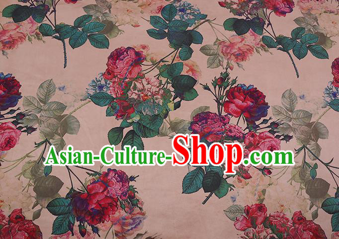 Chinese Traditional Classical Roses Pattern Gambiered Guangdong Silk Cheongsam Satin Fabric Beige Watered Gauze Chinese Traditional Classical Roses Pattern Gambiered Guangdong Silk Cheongsam Satin Fabric Beige Watered Gauze