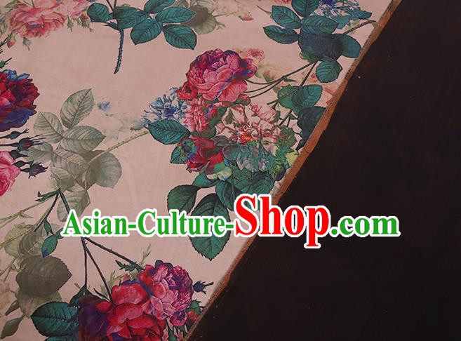Chinese Traditional Classical Roses Pattern Gambiered Guangdong Silk Cheongsam Satin Fabric Beige Watered Gauze Chinese Traditional Classical Roses Pattern Gambiered Guangdong Silk Cheongsam Satin Fabric Beige Watered Gauze