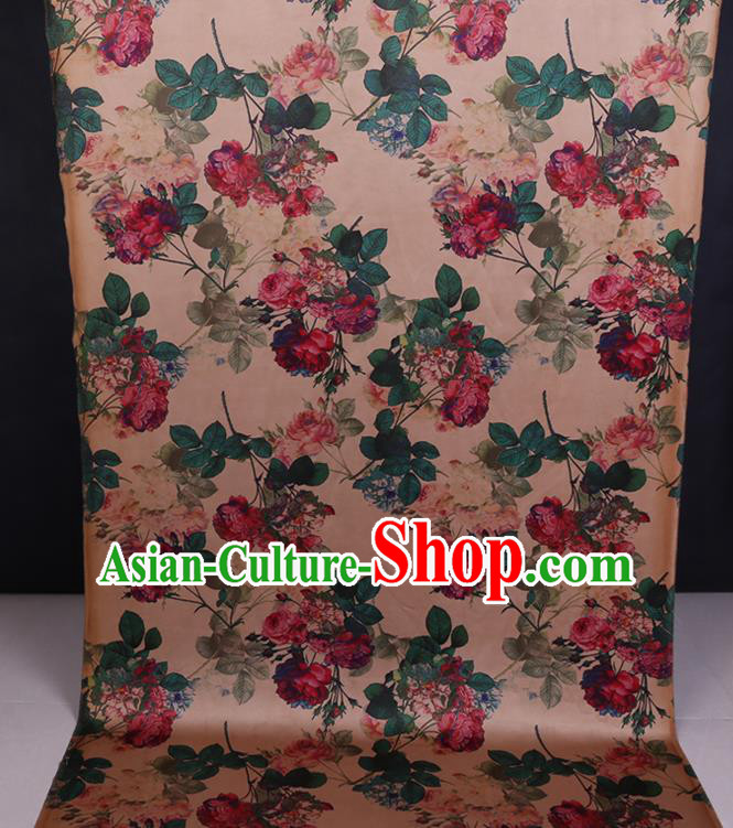 Chinese Traditional Classical Roses Pattern Gambiered Guangdong Silk Cheongsam Satin Fabric Beige Watered Gauze Chinese Traditional Classical Roses Pattern Gambiered Guangdong Silk Cheongsam Satin Fabric Beige Watered Gauze