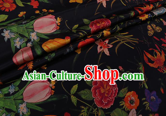 Chinese Classical Camellia Pattern Black Gambiered Guangdong Silk Traditional Cheongsam Watered Gauze Satin Fabric Chinese Classical Camellia Pattern Black Gambiered Guangdong Silk Traditional Cheongsam Watered Gauze Satin Fabric