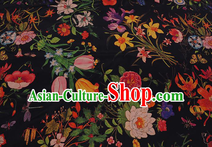 Chinese Classical Camellia Pattern Black Gambiered Guangdong Silk Traditional Cheongsam Watered Gauze Satin Fabric Chinese Classical Camellia Pattern Black Gambiered Guangdong Silk Traditional Cheongsam Watered Gauze Satin Fabric