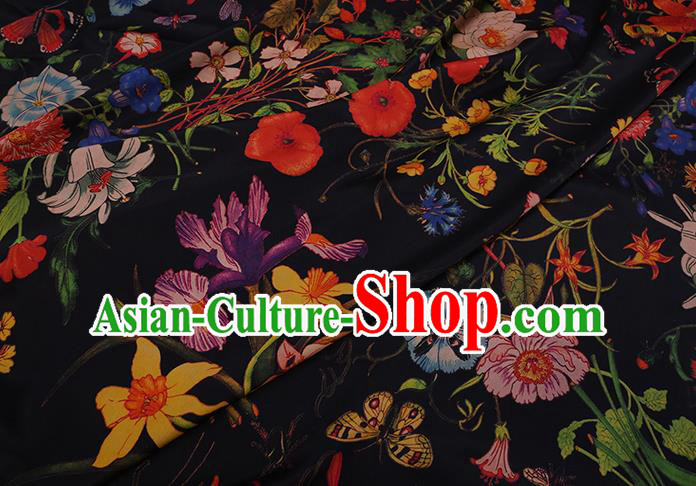 Chinese Classical Camellia Pattern Black Gambiered Guangdong Silk Traditional Cheongsam Watered Gauze Satin Fabric Chinese Classical Camellia Pattern Black Gambiered Guangdong Silk Traditional Cheongsam Watered Gauze Satin Fabric