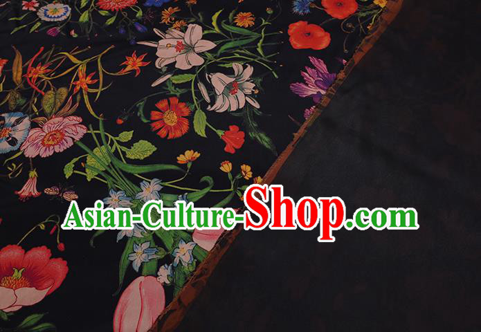 Chinese Classical Camellia Pattern Black Gambiered Guangdong Silk Traditional Cheongsam Watered Gauze Satin Fabric Chinese Classical Camellia Pattern Black Gambiered Guangdong Silk Traditional Cheongsam Watered Gauze Satin Fabric