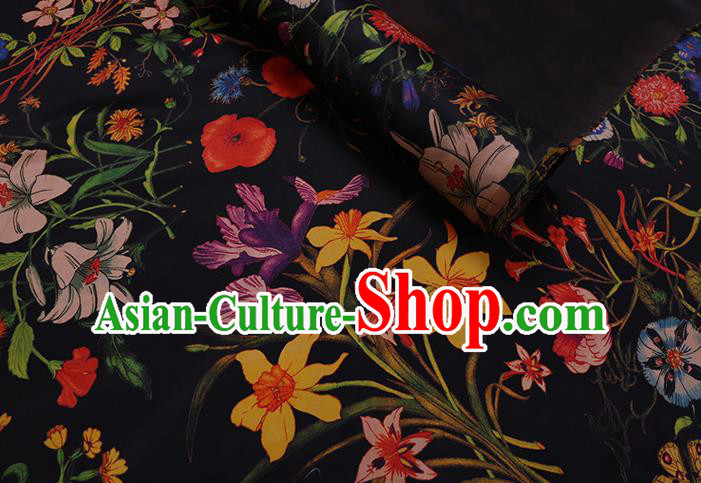 Chinese Classical Camellia Pattern Black Gambiered Guangdong Silk Traditional Cheongsam Watered Gauze Satin Fabric Chinese Classical Camellia Pattern Black Gambiered Guangdong Silk Traditional Cheongsam Watered Gauze Satin Fabric
