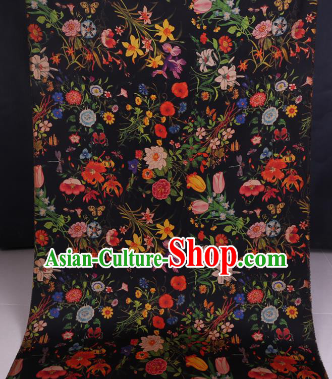 Chinese Classical Camellia Pattern Black Gambiered Guangdong Silk Traditional Cheongsam Watered Gauze Satin Fabric Chinese Classical Camellia Pattern Black Gambiered Guangdong Silk Traditional Cheongsam Watered Gauze Satin Fabric