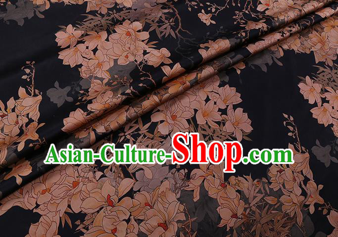 Chinese Classical Magnolia Pattern Gambiered Guangdong Silk Traditional Cheongsam Watered Gauze Black Satin Fabric Chinese Classical Magnolia Pattern Gambiered Guangdong Silk Traditional Cheongsam Watered Gauze Black Satin Fabric