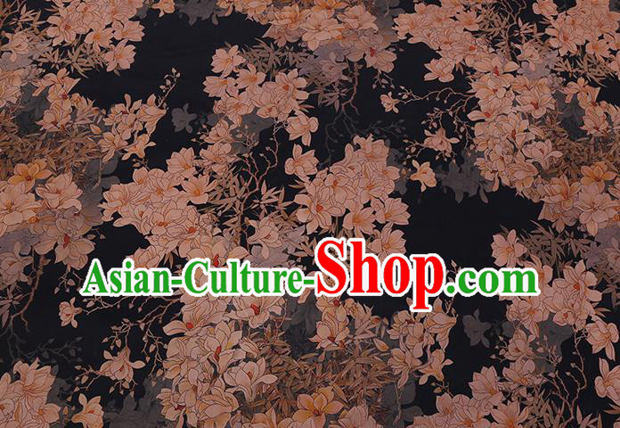 Chinese Classical Magnolia Pattern Gambiered Guangdong Silk Traditional Cheongsam Watered Gauze Black Satin Fabric Chinese Classical Magnolia Pattern Gambiered Guangdong Silk Traditional Cheongsam Watered Gauze Black Satin Fabric