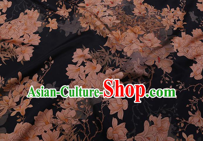 Chinese Classical Magnolia Pattern Gambiered Guangdong Silk Traditional Cheongsam Watered Gauze Black Satin Fabric Chinese Classical Magnolia Pattern Gambiered Guangdong Silk Traditional Cheongsam Watered Gauze Black Satin Fabric