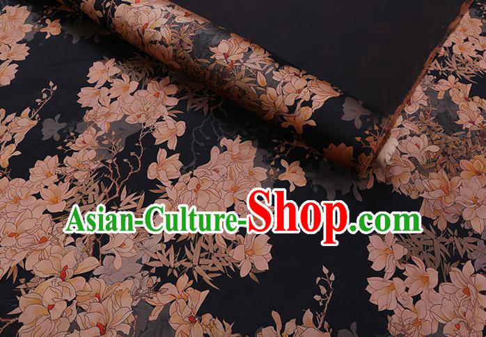 Chinese Classical Magnolia Pattern Gambiered Guangdong Silk Traditional Cheongsam Watered Gauze Black Satin Fabric Chinese Classical Magnolia Pattern Gambiered Guangdong Silk Traditional Cheongsam Watered Gauze Black Satin Fabric