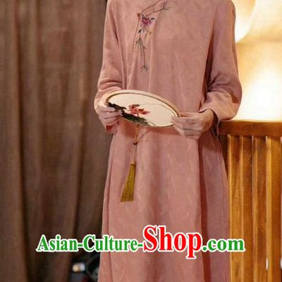 Chinese Traditional Embroidered Clothing Women Cheongsam National Pink Qipao Dress