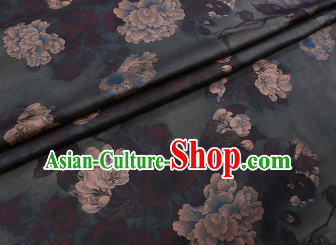 Chinese Classical Peony Pattern Atrovirens Satin Fabric Gambiered Guangdong Silk Traditional Cheongsam Watered Gauze Chinese Classical Peony Pattern Atrovirens Satin Fabric Gambiered Guangdong Silk Traditional Cheongsam Watered Gauze