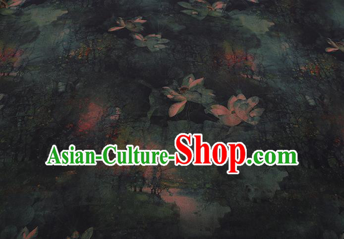 Chinese Classical Green Lotus Pattern Silk Fabric Traditional Cheongsam Gambiered Guangdong Silk Watered Gauze Chinese Classical Green Lotus Pattern Silk Fabric Traditional Cheongsam Gambiered Guangdong Silk Watered Gauze