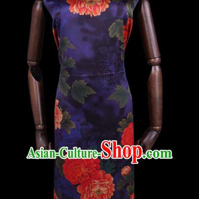 Chinese Classical Peony Pattern Deep Blue Silk Fabric Traditional Watered Gauze Gambiered Guangdong Silk Cheongsam Cloth