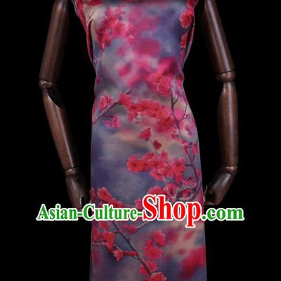 Chinese Cheongsam Cloth Classical Plum Blossom Pattern Blue Gambiered Guangdong Silk Fabric Traditional Watered Gauze