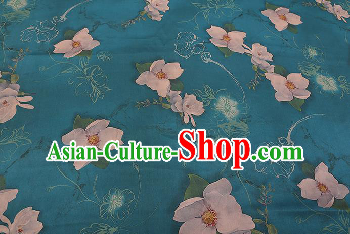 Chinese Classical Flowers Pattern Blue Gambiered Guangdong Silk Traditional Watered Gauze Cheongsam Silk Fabric Chinese Classical Flowers Pattern Blue Gambiered Guangdong Silk Traditional Watered Gauze Cheongsam Silk Fabric