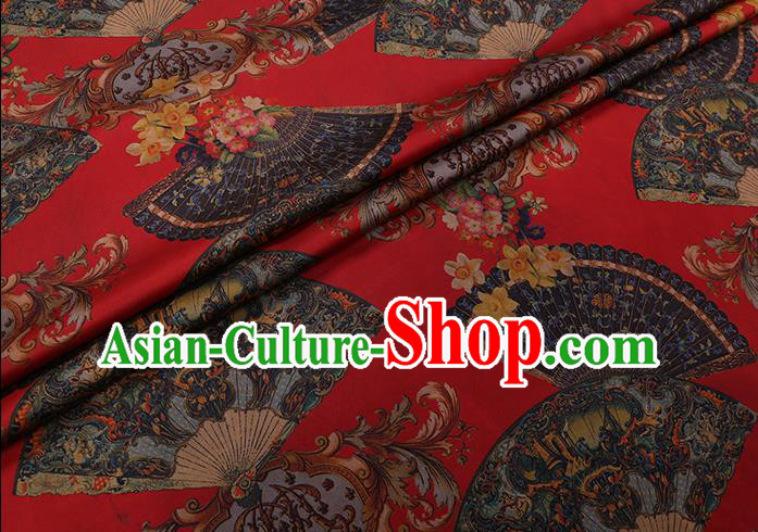 Chinese Classical Fans Pattern Red Gambiered Guangdong Silk Fabric Cheongsam Cloth Traditional Watered Gauze Chinese Classical Fans Pattern Red Gambiered Guangdong Silk Fabric Cheongsam Cloth Traditional Watered Gauze