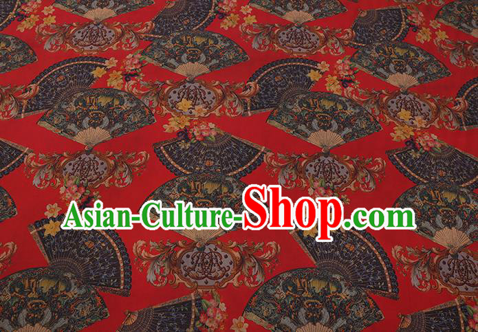 Chinese Classical Fans Pattern Red Gambiered Guangdong Silk Fabric Cheongsam Cloth Traditional Watered Gauze Chinese Classical Fans Pattern Red Gambiered Guangdong Silk Fabric Cheongsam Cloth Traditional Watered Gauze