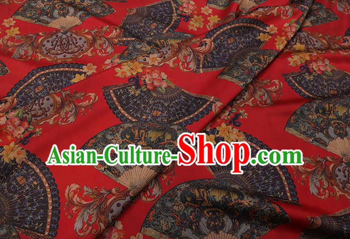 Chinese Classical Fans Pattern Red Gambiered Guangdong Silk Fabric Cheongsam Cloth Traditional Watered Gauze Chinese Classical Fans Pattern Red Gambiered Guangdong Silk Fabric Cheongsam Cloth Traditional Watered Gauze