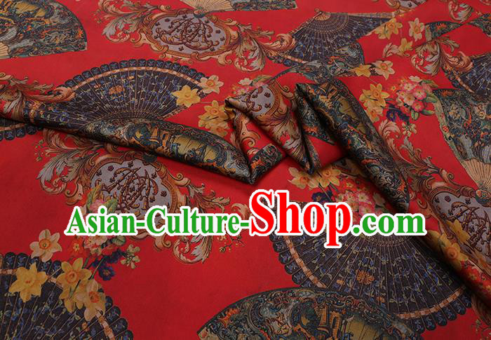 Chinese Classical Fans Pattern Red Gambiered Guangdong Silk Fabric Cheongsam Cloth Traditional Watered Gauze Chinese Classical Fans Pattern Red Gambiered Guangdong Silk Fabric Cheongsam Cloth Traditional Watered Gauze