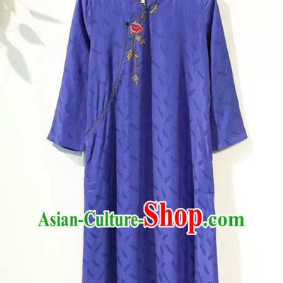 Chinese Women Slant Opening Cheongsam Traditional Embroidered Clothing National Blue Qipao Dress