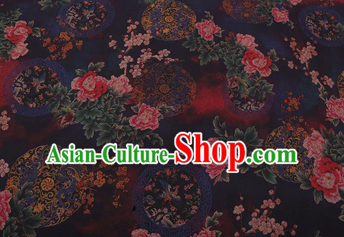 Chinese Cheongsam Silk Fabric Traditional Watered Gauze Classical Peony Pattern Navy Gambiered Guangdong Silk Chinese Cheongsam Silk Fabric Traditional Watered Gauze Classical Peony Pattern Navy Gambiered Guangdong Silk