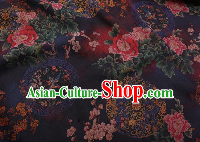 Chinese Cheongsam Silk Fabric Traditional Watered Gauze Classical Peony Pattern Navy Gambiered Guangdong Silk Chinese Cheongsam Silk Fabric Traditional Watered Gauze Classical Peony Pattern Navy Gambiered Guangdong Silk