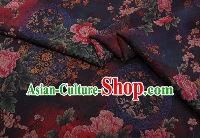 Chinese Cheongsam Silk Fabric Traditional Watered Gauze Classical Peony Pattern Navy Gambiered Guangdong Silk Chinese Cheongsam Silk Fabric Traditional Watered Gauze Classical Peony Pattern Navy Gambiered Guangdong Silk