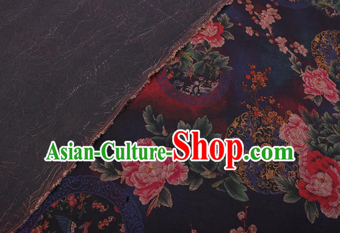 Chinese Cheongsam Silk Fabric Traditional Watered Gauze Classical Peony Pattern Navy Gambiered Guangdong Silk Chinese Cheongsam Silk Fabric Traditional Watered Gauze Classical Peony Pattern Navy Gambiered Guangdong Silk