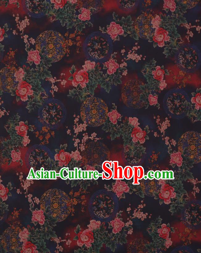 Chinese Cheongsam Silk Fabric Traditional Watered Gauze Classical Peony Pattern Navy Gambiered Guangdong Silk Chinese Cheongsam Silk Fabric Traditional Watered Gauze Classical Peony Pattern Navy Gambiered Guangdong Silk