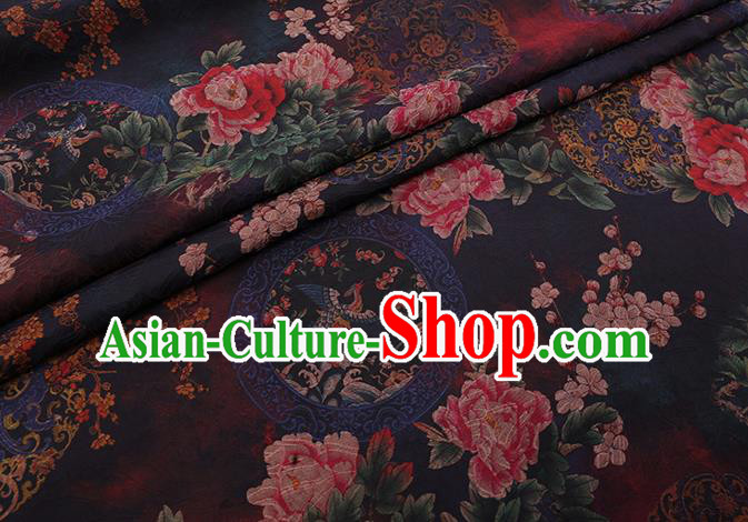 Chinese Cheongsam Silk Fabric Traditional Watered Gauze Classical Peony Pattern Navy Gambiered Guangdong Silk Chinese Cheongsam Silk Fabric Traditional Watered Gauze Classical Peony Pattern Navy Gambiered Guangdong Silk