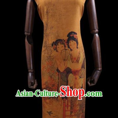 China Classical Noble Lady Pattern Yellow Silk Fabric Watered Gauze Traditional Cheongsam Cloth