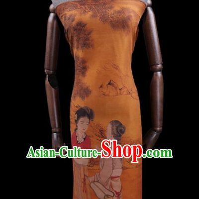 China Watered Gauze Traditional Cheongsam Cloth Classical Palace Lady Pattern Orange Silk Fabric
