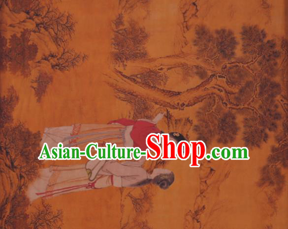 China Watered Gauze Traditional Cheongsam Cloth Classical Palace Lady Pattern Orange Silk Fabric China Watered Gauze Traditional Cheongsam Cloth Classical Palace Lady Pattern Orange Silk Fabric