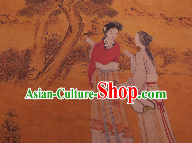 China Watered Gauze Traditional Cheongsam Cloth Classical Palace Lady Pattern Orange Silk Fabric China Watered Gauze Traditional Cheongsam Cloth Classical Palace Lady Pattern Orange Silk Fabric