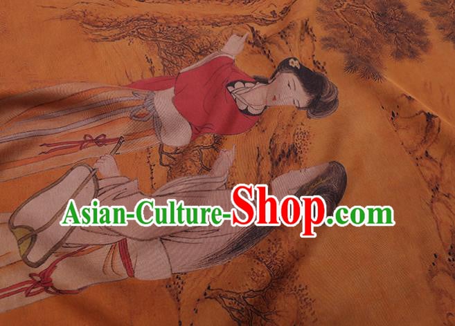 China Watered Gauze Traditional Cheongsam Cloth Classical Palace Lady Pattern Orange Silk Fabric China Watered Gauze Traditional Cheongsam Cloth Classical Palace Lady Pattern Orange Silk Fabric